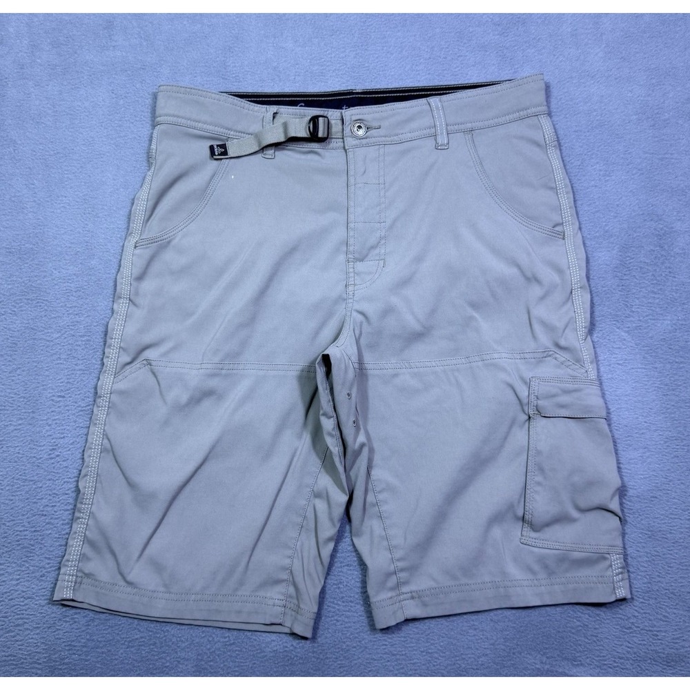 PrAna Shorts Mens 33 Beige Cargo Performance Stretch Gorpcore Buckle Strap Hike